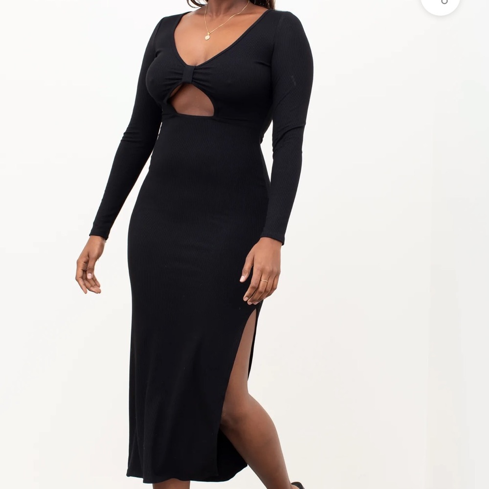 Cut out Slit MIDI Dress Black
